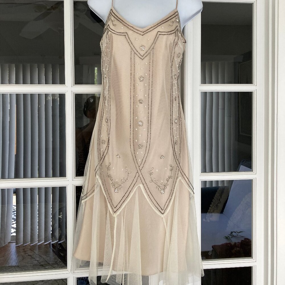Vintage   Laura Ryner Champagne Beaded Pearls Sleeveless Slip Cocktail Midi 5/6